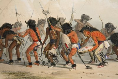 Buffalo Dance detalj, pub. 1845 färglitografi. av George Catlin
