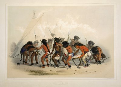 Buffalo Dance, från Catlins North American Indian Portfolio. Jaktscener och nöjen i Rocky Mountains and Prairies of America, pub. 1845 av George Catlin
