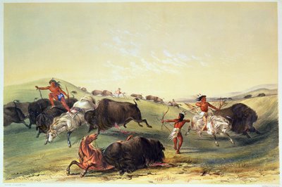 Buffalo Hunt, tallrik 7 från Catlins North American Indian Collection, graverad av McGahey, Day och Haghe av George Catlin