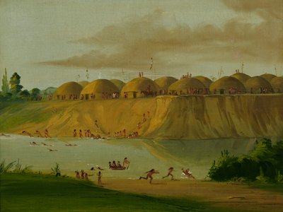 Hidatsa Village, jordtäckta loger, vid Knife River, 1810 Miles ovanför St. Louis, 1832. av George Catlin