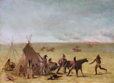 Indianfamilj oroas av att en präriebrand närmar sig av George Catlin