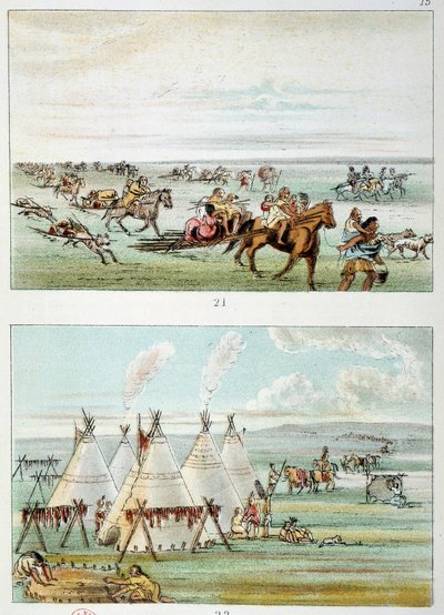 Indians of America: (överst) stam som rör sig med skinn till salu. (Nedre) stam på 500 till 600 tipi. Illustration av George Catlin (1794-1872) av George Catlin