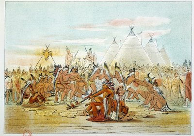 Indians of America: Assiniboin-stam som liknar Sioux-dansande pipdans. Illustration av George Catlin (1794-1872) av George Catlin