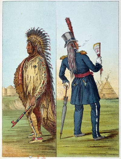 Indians of America: Indisk assiniboine-veterinär i militär i fickorna två flaskor whisky. Illustration av George Catlin (1794-1872) av George Catlin