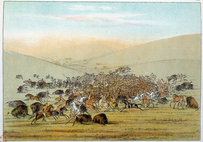 Indians of America: Indiska miniatyrer som jagar buffel med spjut. Illustration av George Catlin (1794-1872) av George Catlin