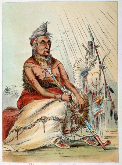 Indians of America: Porträtt av en gammal indisk kock som röker sin pipa som heter The Black Mocassin. Illustration av George Catlin (1794-1872) av George Catlin