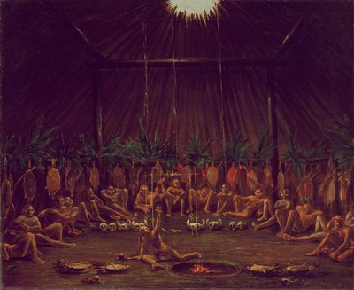Interiörvy av Medicine Lodge, Mandan O-kee-pa-ceremoni av George Catlin