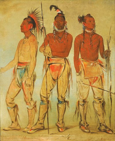 Mun-ne-pús-kee, Han som inte är rädd; Ko-ha-túnk-a, Stora kråkan; och Nah-cóm-ee-shee, Mannen i sängen, Tre unga krigare av George Catlin