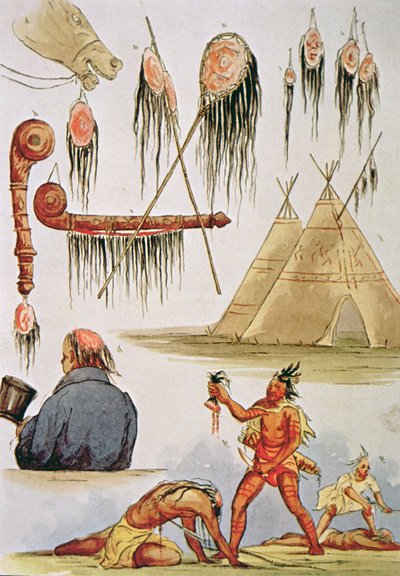 Skalpering och dekorativ användning av hårbotten (akvarell på papper) av George Catlin