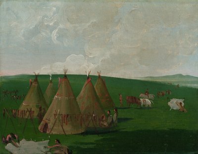Siouxer i läger vid övre Missouri, klär på sig buffelkött och kläder av George Catlin