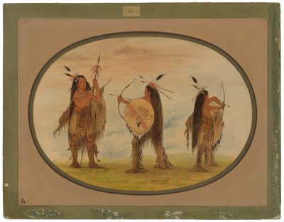 Tre Mandan-krigare beväpnade för krig av George Catlin