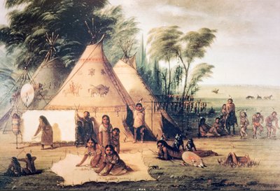 Village of the North American Sioux Tribe (färg litho) av George Catlin