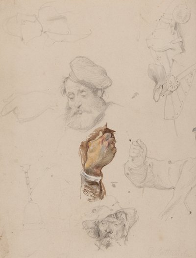 En sida med studier (penna, wc och gouache på papper) av George Cattermole