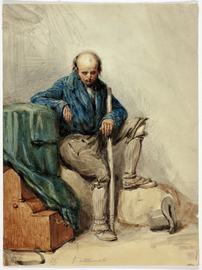 Skallig man sittande på ägodelar (recto); dam i gul klänning (verso) av George Cattermole