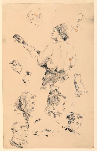 Skisser av huvuden, en hand, en fot och en musiker av George Charles Aid