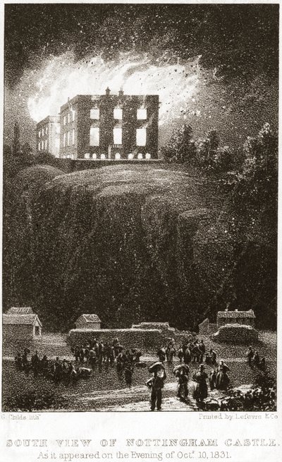 Nottingham Castle i brand, sett från söder, 1831 av George Childs
