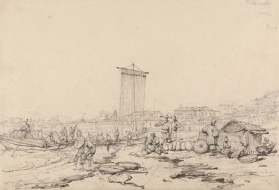 Kustscen med fiskare och byggnader, Macao av George Chinnery