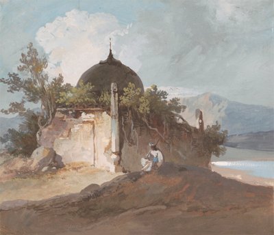 Figur som sitter vid ett indiskt tempel av George Chinnery