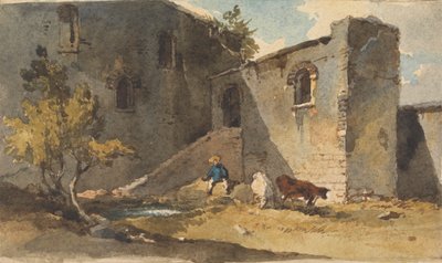 Figur med boskap som står i skuggan av en byggnad av George Chinnery