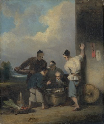 Män runt matförsäljarens stånd av George Chinnery