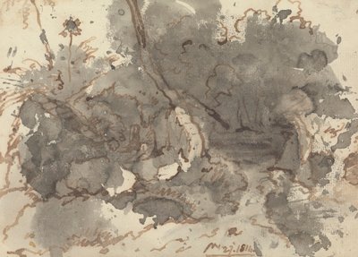 Halmtak byggnad i en skog av George Chinnery