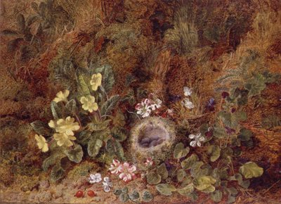Stilleben med fågelbo och vilda blommor av George Clare