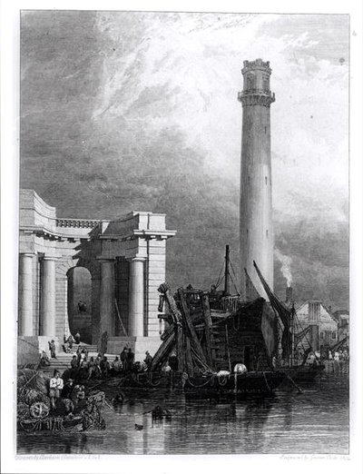 The Shot Tower och Waterloo Bridge, graverade av G. Cooke av George Clarkson (after) Stanfield