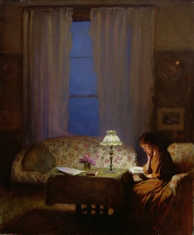 Reading by Lamplight (Twilight: Interior) (olja på duk) av George Clausen