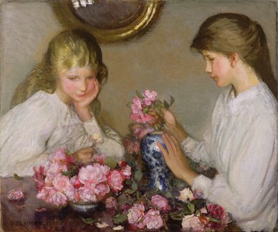 Två flickor som ordnar poser av George Clausen