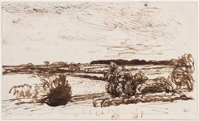Vindblåst landskap (penna, pensel och sepia bläck på papper) av George Clausen