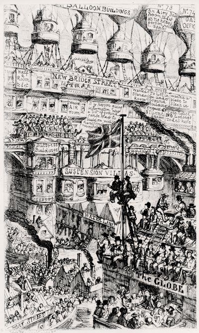 En malthusiansk syn på framtidens överfulla London, England, efter Thomas Malthus skrifter av George Cruikshank