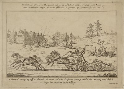 En bonde som bär av en fransk kanon in i det ryska lägret medan fienden hade lämnat det för att plundra i byn, publicerad 8 juni 1813 av George Cruikshank