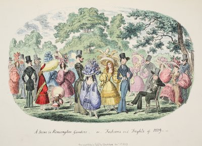 En scen i Kensington Gardens - eller - Fashions and Frights of 1829, pub. 1829 (handfärgad gravyr) av George Cruikshank