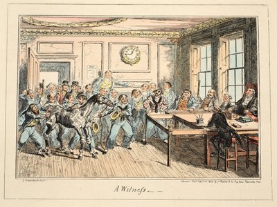 A Witness, from Greenwich Hospital, a Series of Naval Sketches, Descriptive of a Life of a Man-of-Wars Man, pub. 1825 (handkolorerat gravyr) av George Cruikshank