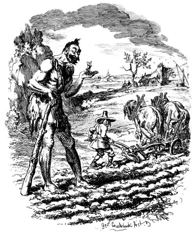 En jätte står på en åker när en bonde plöjer, 1800-talet. av George Cruikshank