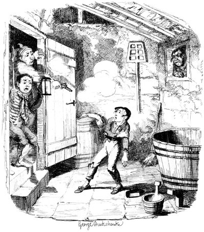 En man skjuter en ung pojke som han misstänker för att ha stulit, 1800-talet. av George Cruikshank