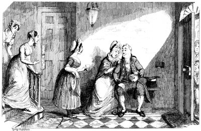 Ett antal kvinnor tar hand om en fattig man, 1800-talet. av George Cruikshank