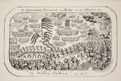 En extraordinär rörelse om Kina - eller - en förändring i The Willow Pattern äntligen!!, pub. 1853 av George Cruikshank