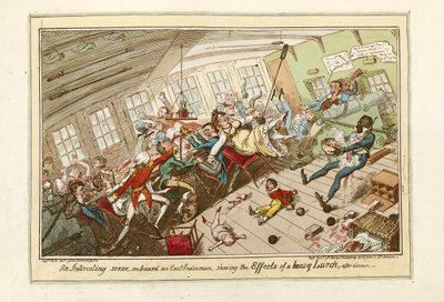 En intressant scen ombord på en ostindiefarare, som visar effekterna av en kraftig slagsida, pub.1818 (färgad etsning) av George Cruikshank
