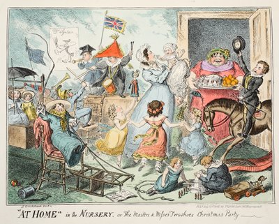 Hemma i barnkammaren, eller "The Masters and Misses Two Shoes Christmas Party", 1835 (handkolorerat gravyr) av George Cruikshank