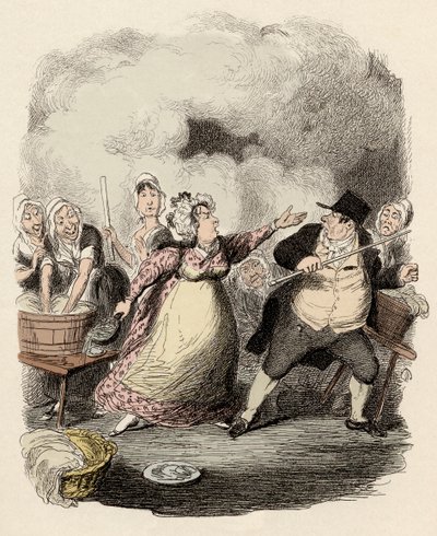 På hospicet blir Monsieur Bumble allvarligt tillbakavisad av sin fru, Madame Corney - Mr Bumble förnedrad i de fattigas ögon - Illustration till "Oliver Twist" (Olivier) (The Adventures of Oliver Twist) av Charles Dickens (1812-1870) , av George Cruikshan av George Cruikshank