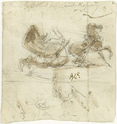 Karikatyr av sig själv (recto); Hytt kastad av en häst, med andra skisser (verso) av George Cruikshank