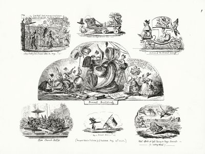 Tecknade serier av George Cruikshank på temat överdimensionerade damhuvar (gravyr) av George Cruikshank