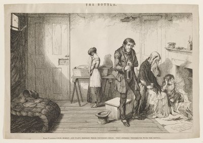 Kyla, elände och nöd förstör deras yngsta barn: De tröstar sig med flaskan. av George Cruikshank