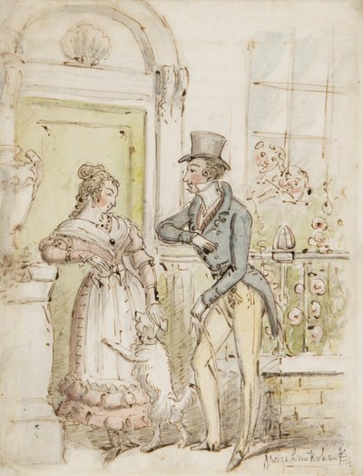 Uppvaktning, ca 1835 (penna, pensel, bläck & wc på papper) av George Cruikshank