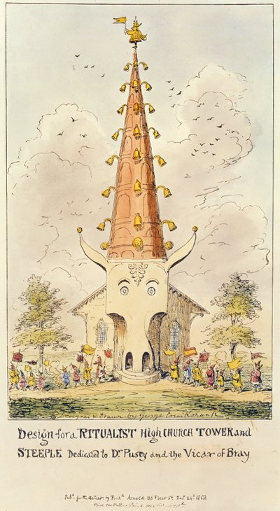 Design för ett ritualistiskt högkyrkligt torn och torn, tillägnat Dr. Pusey and the Vicar of Bray, 1868 (tryck) av George Cruikshank