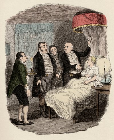 Dr Losberne visar Oliver för poliserna på Bow Street - Oliver väntas av Bow Street Runners - Illustration till "Oliver Twist" (Oliver) (Oliver) (The Adventures of Oliver Twist) av Charles Dickens (1812-1870), av George Cruikshank (1792-1878) . av George Cruikshank
