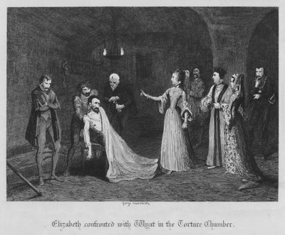 Elizabeth konfronteras med Wyat i tortyrkammaren (gravyr) av George Cruikshank