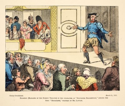 Elliston (chef för Surrey Theatre) i karaktären "Sylvester Daggerwood" som sjunger låten "Bonaparte", skriven av Mr Lawler, pub. 1811 (handfärgad gravyr) av George Cruikshank