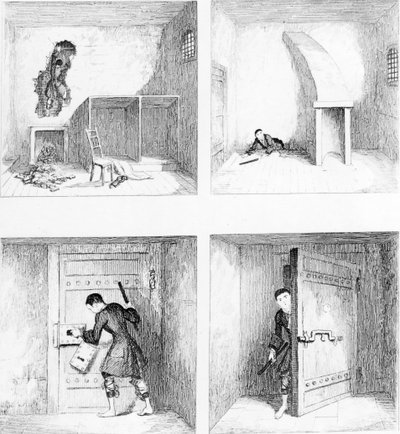 Escape No. 1, från "Jack Sheppard" av W. H. Ainsworth, publicerad 1839. av George Cruikshank